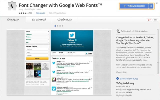 Thêm extension Font Changer with Google Web Fonts và Google Chrome